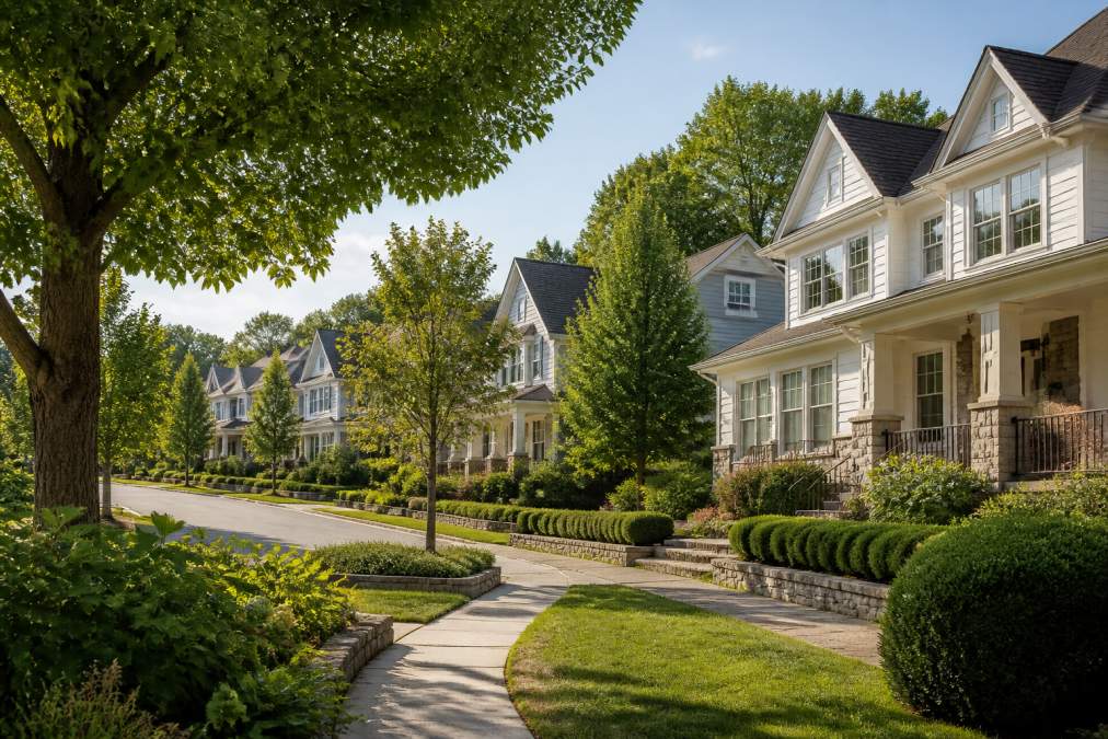 Tree-lined suburban street with white two-story houses, manicured lawns, and trimmed hedges on a sunny day.