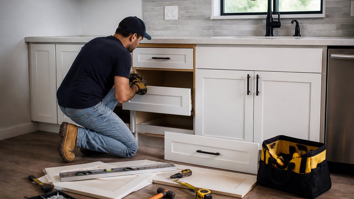 Handyman kneels on the floor, installing white kitchen cabinets with drawers open and tools nearby.