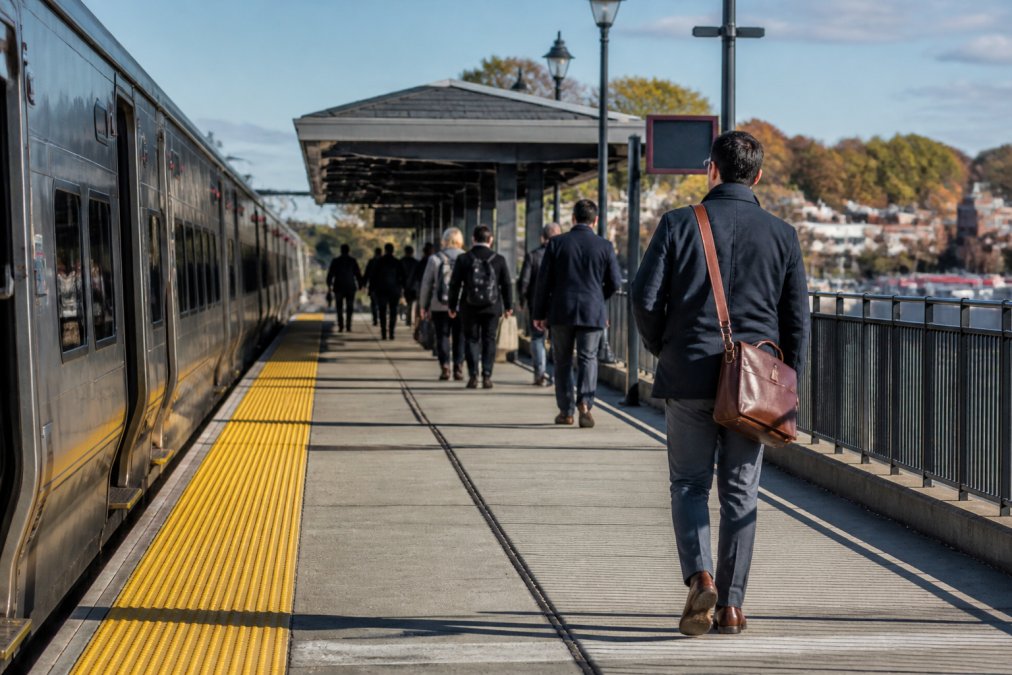 Man in a dark blazer with a brown shoulder bag walks away along a train platform beside a silver train.