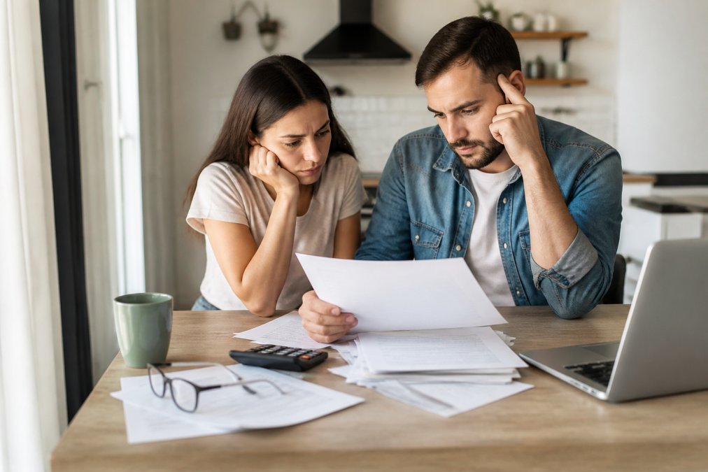 Couple sits at a table reviewing papers and a laptop, looking worried about finances, with a mug nearby and glasses on the desk.