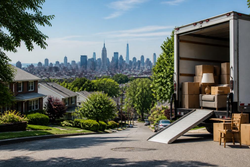 Moving truck on a suburban street with packed boxes and furniture inside, city skyline in the distance.