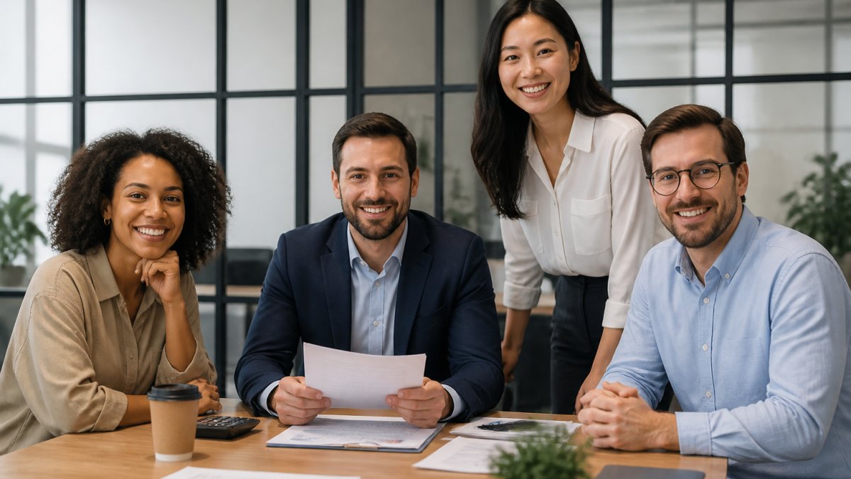 Four coworkers sit and stand around a table, smiling at the camera during a business meeting at a modern office.