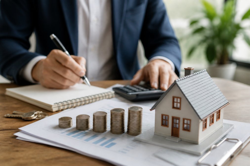 Businessperson at a desk with a model house, stacks of coins, a calculator, and a chart, illustrating real estate finance planning by writing notes.