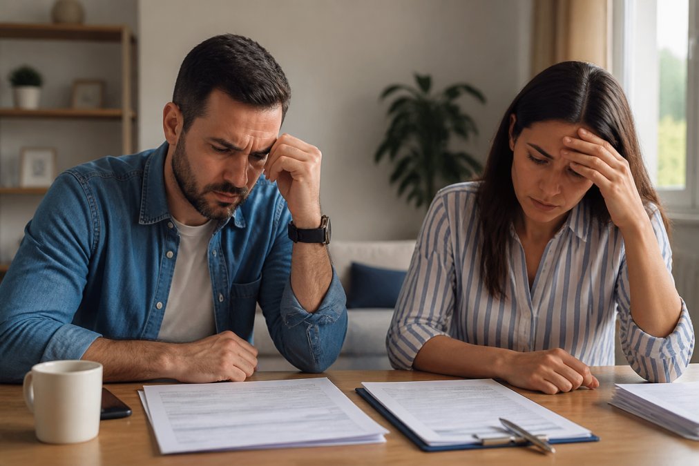 Couple looks stressed while reviewing documents at a table, one touching forehead in worry.