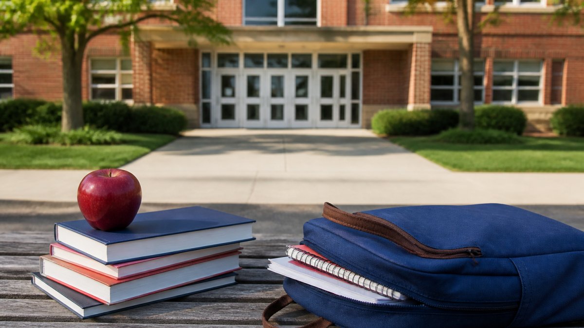 Stack of books with a red apple on top sits on a wooden bench beside a blue backpack, in front of a brick school building.