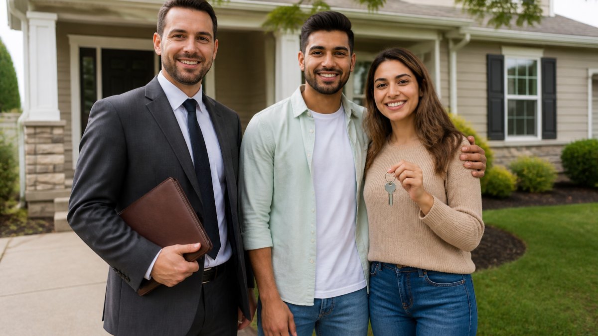 Real estate agents and buyers stand outside a suburban home, smiling after a tour or closing. The agent holds a brown portfolio.