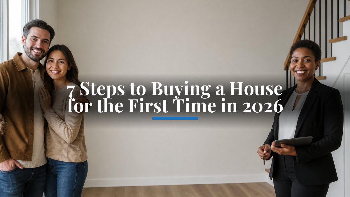 Happy couple with a real estate agent indoors; banner reads '7 Steps to Buying a House for the First Time in 2026'.