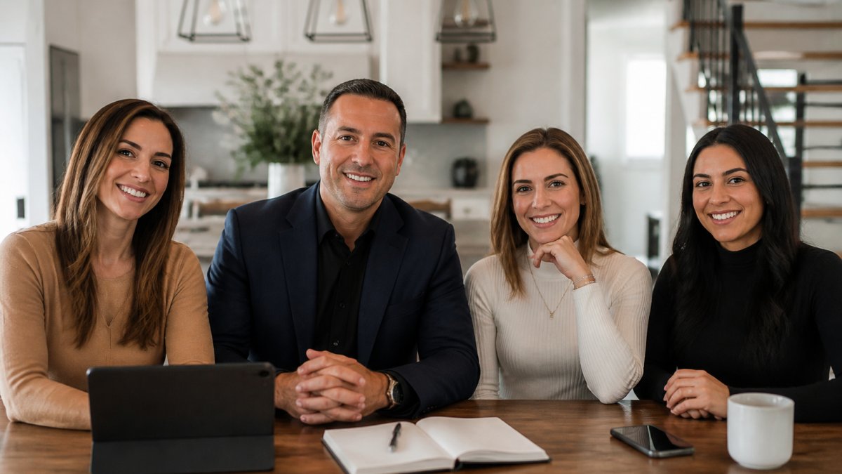 Four colleagues sit at a wooden table in a bright kitchen, smiling at the camera with a tablet and notebook nearby.