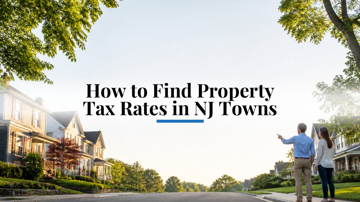 Hero image of a suburban street with houses and green trees, overlaid by the title: 'How to Find Property Tax Rates in NJ Towns'.