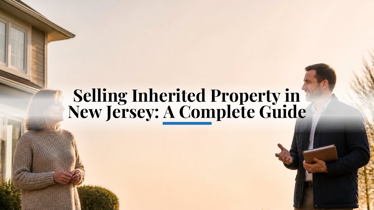 Two adults talk outside a house at sunset as the article title reads: Selling Inherited Property in New Jersey: A Complete Guide.